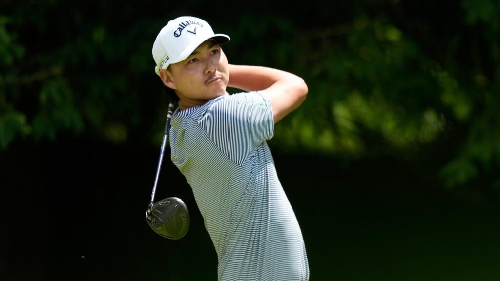 Min Woo Lee drives off at the fourth hole during his excellent start to the PGA Championship.
