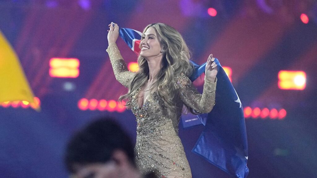 Delta Goodrem is flying the flag for Australia at the Eurovision final in Vienna.

