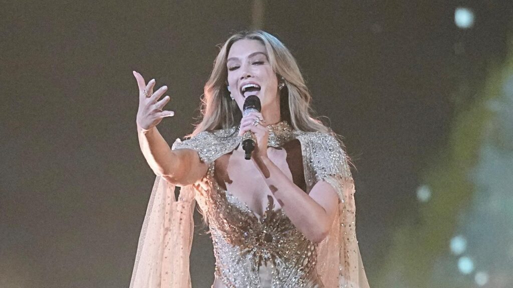Delta Goodrem has sung on the Eurovision stage with fans hoping the Australian reaches the final.
