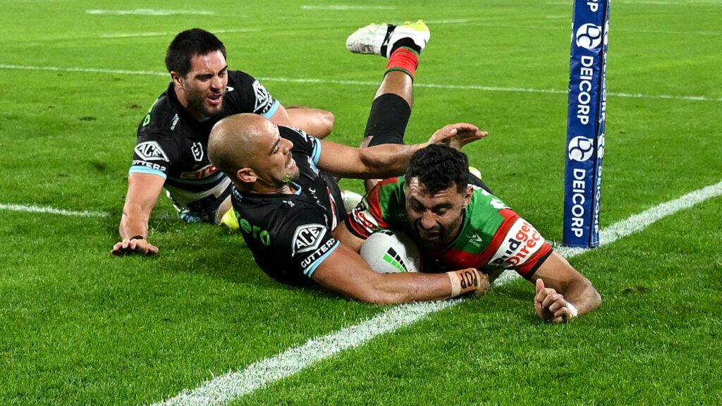 NRL record tryscorer Alex Johnston added three more to his tally as the Rabbitohs beat the Sharks. 
