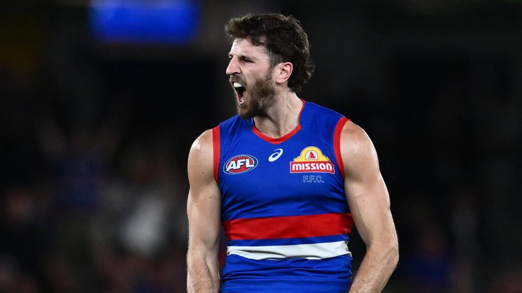 Bulldogs Marcus Bontempelli was joyous after scoring against the Dockers but is carrying an injury.
