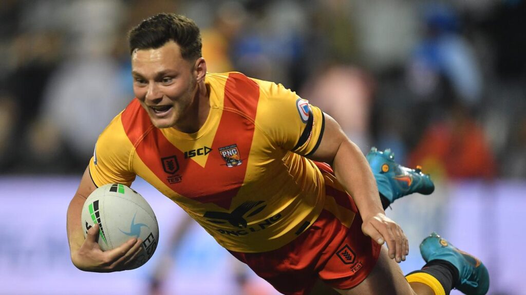 Leigh Leopards co-captain Lachlan Lam goes over for the Papua New Guinea Kumuls against Fiji Bati.
