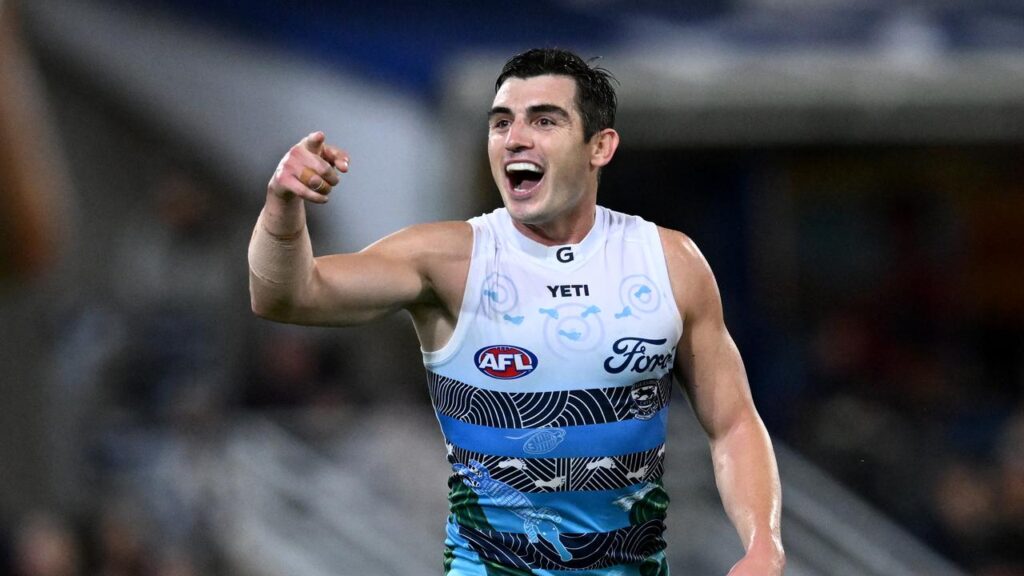 Geelong’s Shaun Mannagh finished with five  goals and 30 touches in the Cats’ win over Bris bane.
