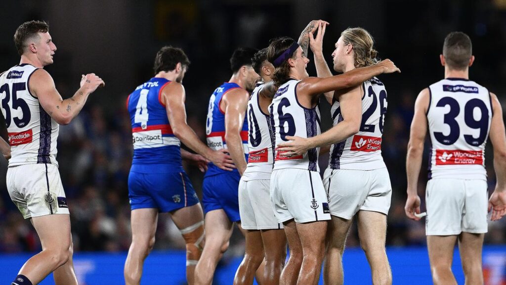 Injury-plagued Hayden Young (2nd r) was classy for Fremantle as they beat the Western Bulldogs.  
