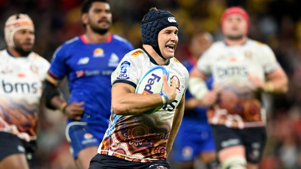 Josh Flook scored a first-half try in the Reds’ 45-24 win over Fijian Drua at Suncorp Stadium.
