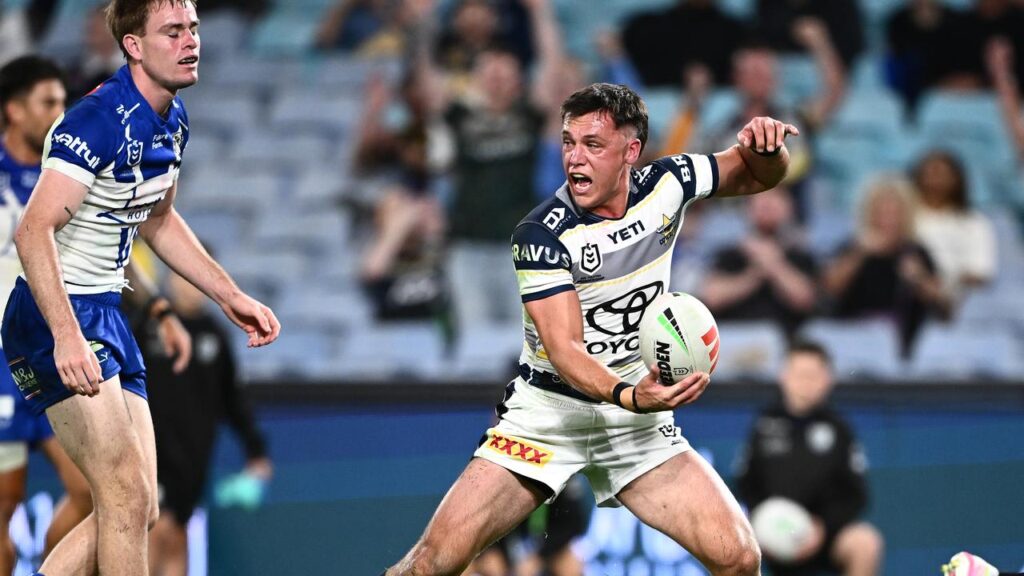 Cowboys star Scott Drinkwater celebrates the first of his two tries in their win over the Bulldogs.

