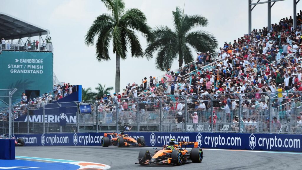 Lando Norris leads Oscar Piastri as Mclaren hit back in the F1 sprint at Miami Gardens.
