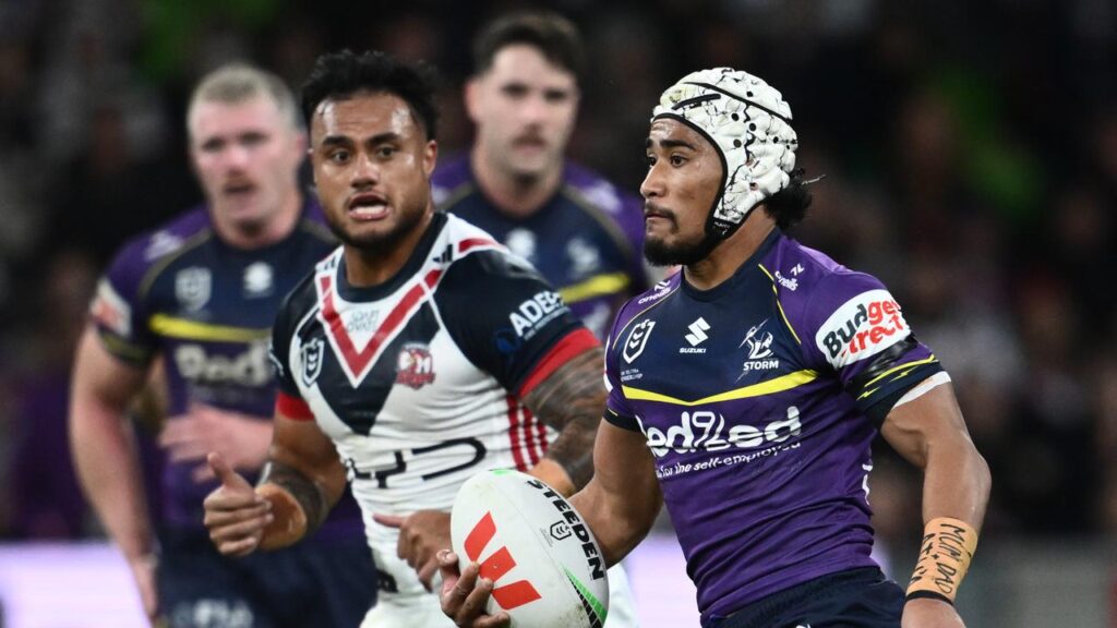 Sua Faalogo has starred in the Storm’s hard-fought win over the Sydney Roosters in Melbourne.
