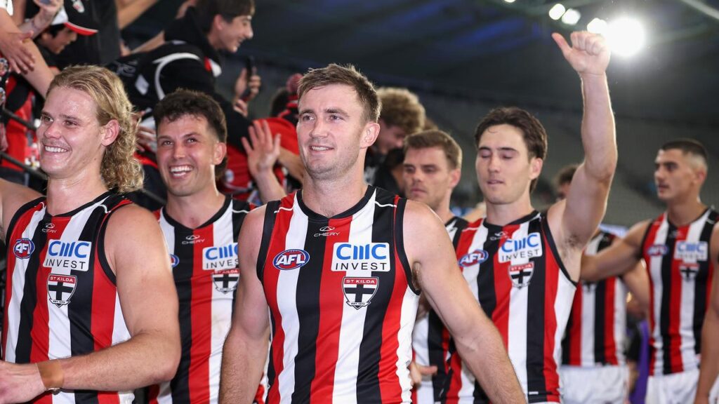 St Kilda players enjoy their win over Carlton at Marvel Stadium after an eight-goal third term.
