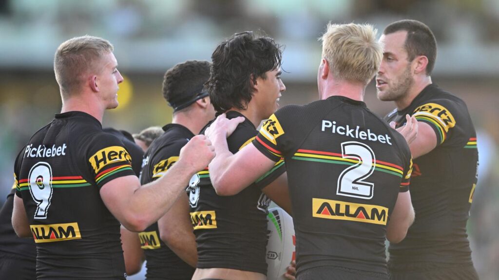 Blaize Talagi (c) set Penrith on the path to victory over Canberra with his two tries.
