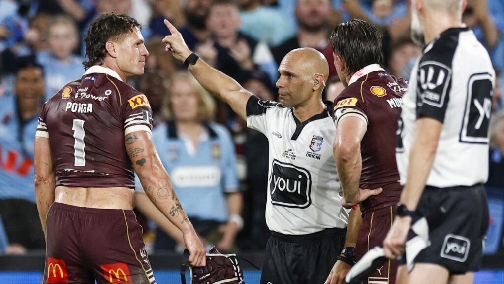Queensland’s Kalyn Ponga was sin-binned after his tackle on the Blues’ Tolu Koula.

