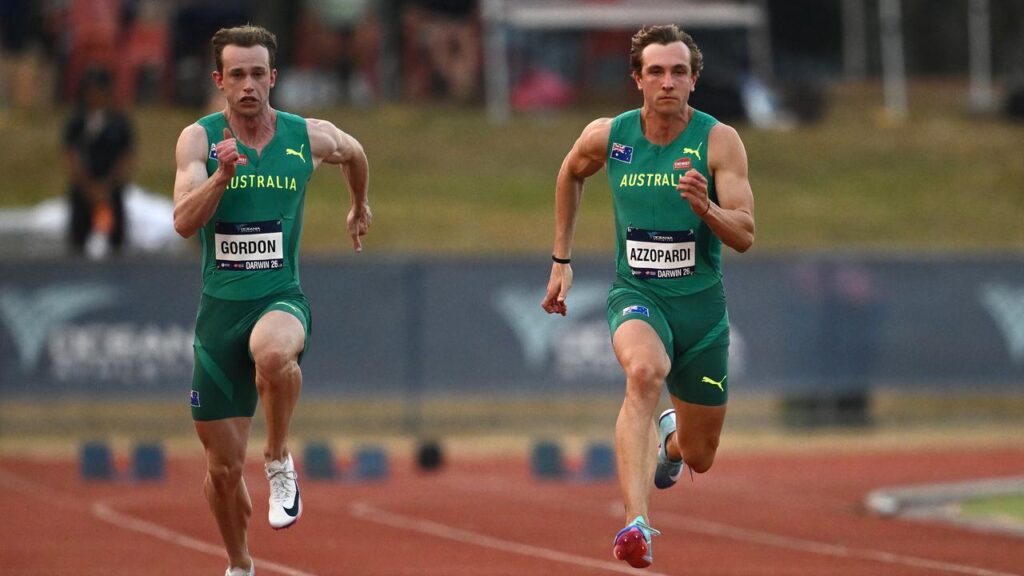Josh Azzopardi charges to victory in the 100m at the Oceania championships.
