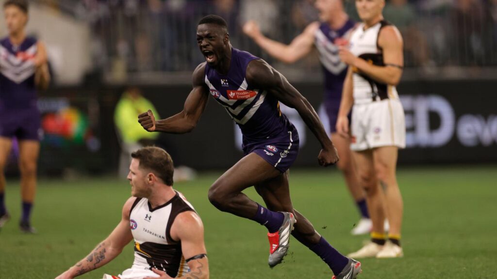 Michael Frederick kicked three goals in the Dockers’ come-from-behind win over Hawthorn.
