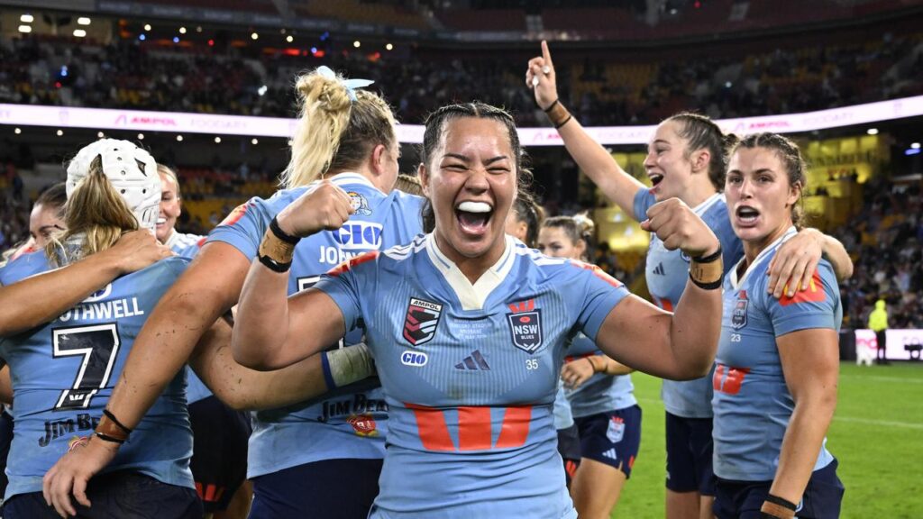 Kennedy Cherrington leads the NSW celebrations after their Women’s State of Origin win in Brisbane.
