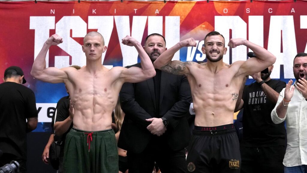 Nikita Tszyu and Oscar Diaz at the weigh-in ahead of their WBO super welterweight title bout.
