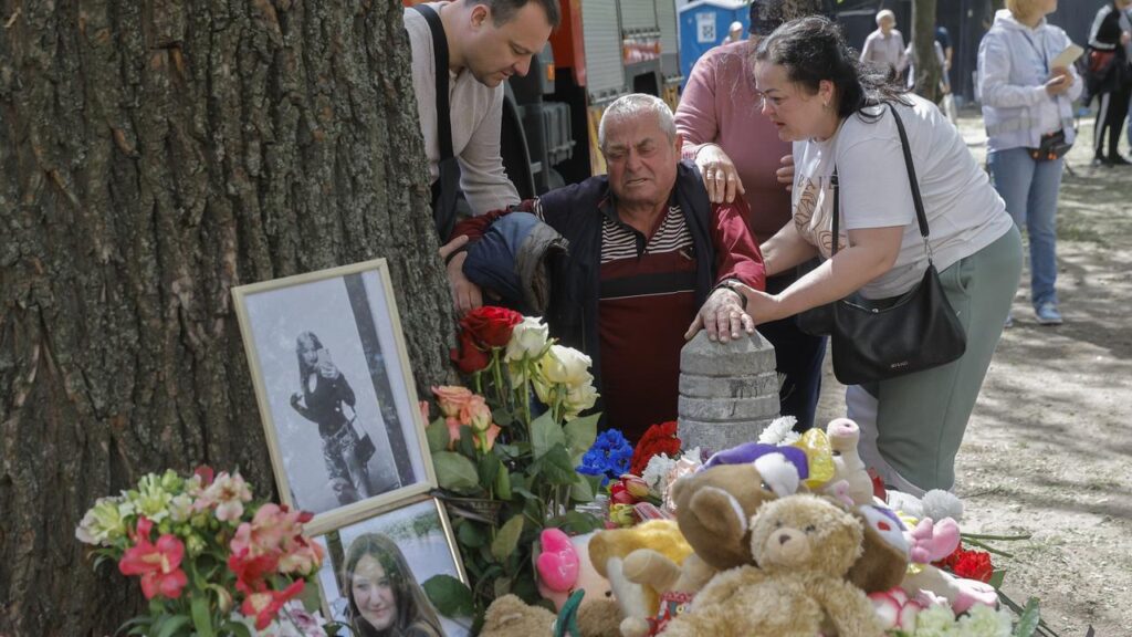 Ukrainians are mourning victims of Russia’s latest strike on a residential area in Kyiv.
