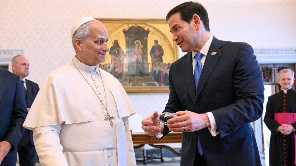 Pope Leo exchanged gifts with US Secretary of State Marco Rubio during their meeting at the Vatican.
