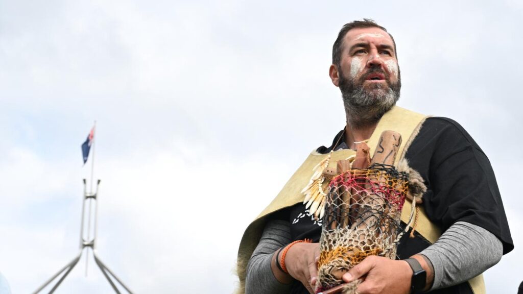 Travis Lovett arrived at Parliament House after completing his 500km Walk for Truth.
