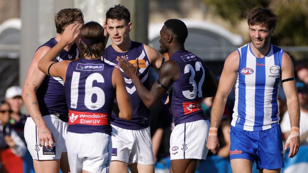 Patrick Voss booted four goals in the Dockers’ demolition of the Kangaroos in Bunbury.
