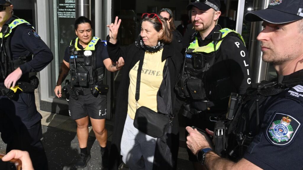 Helen O’Sulivan was arrested outside court for allegedly breaching new prohibited expression laws.
