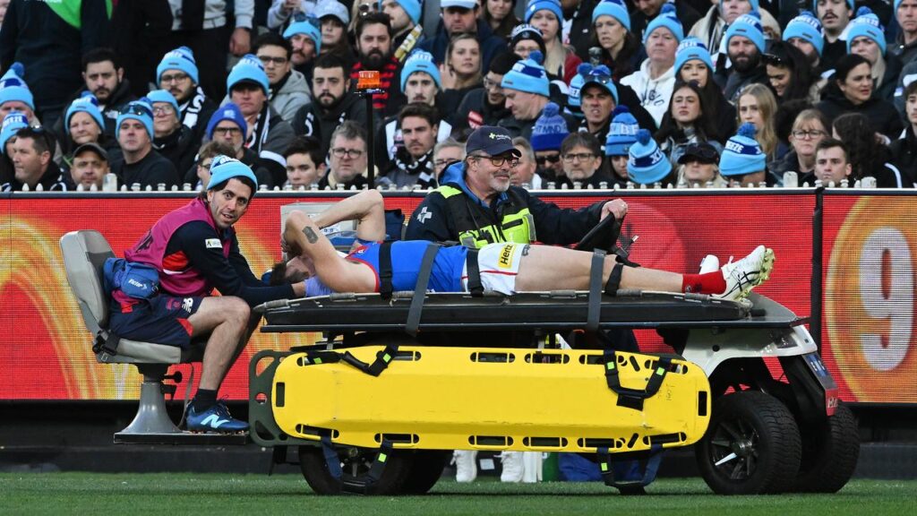 Brody Mihocek was stretchered off the MCG after fracturing his neck.
