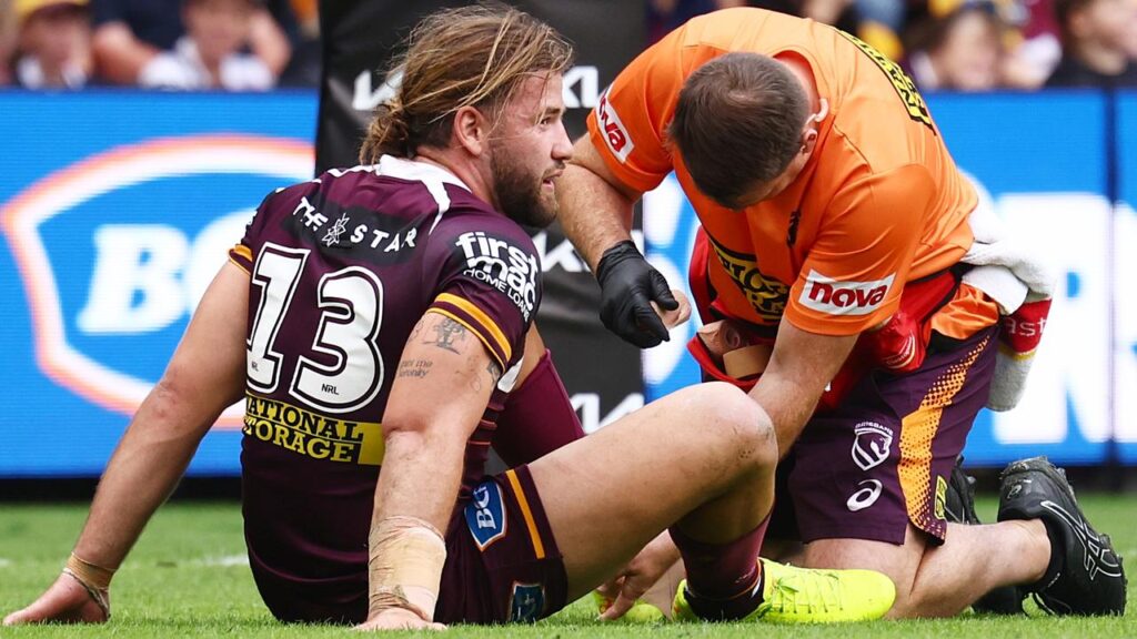 Brisbane lock Pat Carrigan suffered an ankle injury that could have Origin implications.
