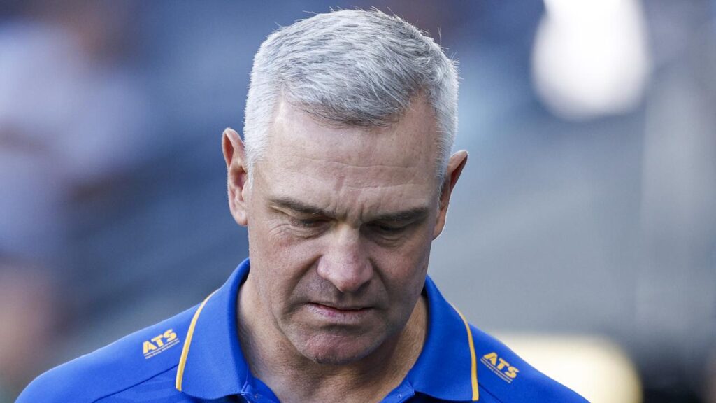 Angry Eels boss Jason Ryles took his fustrations out on a desk and the wall at the CommBank Stadium.
