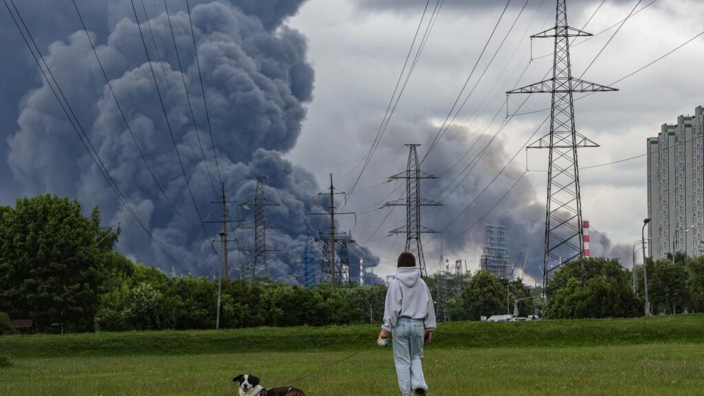 Ukrainian drone attacks on a Moscow oil refinery sent huge plumes of black smoke over the capital.
