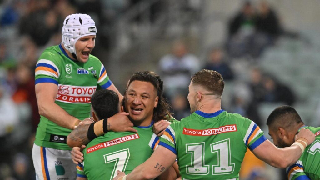 Inspirational Canberra Raider Josh Papali’i (centre) won’t be back for the Green Machine in 2027.
