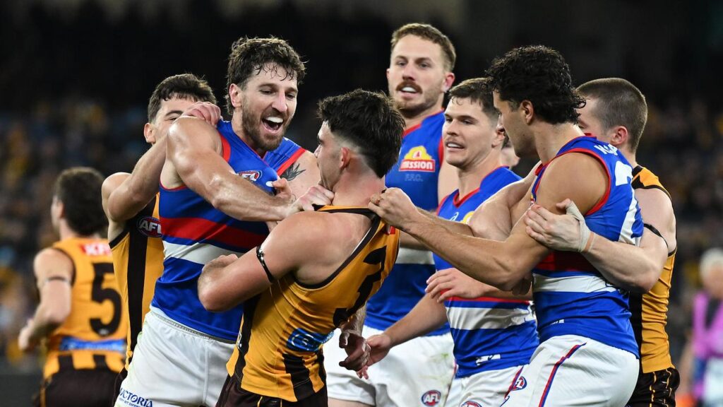 Marcus Bontempelli and the Bulldogs have edged Hawthorn in a tense and spirited AFL clash.
