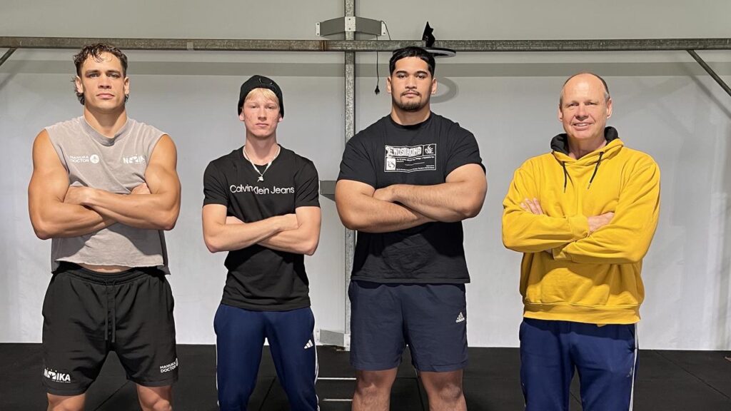 The work continues at trainer Noel Thornberry’s (far right) Gatton backyard gym.
