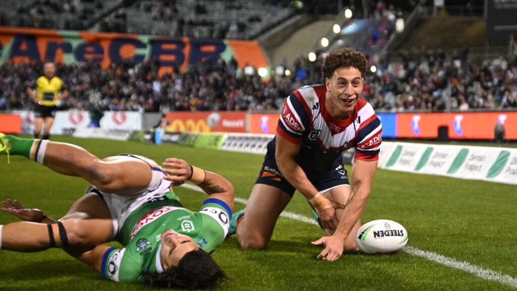 Mark Nawaqanitawase has returned with a hat-trick to help the Roosters hammer Canberra.
