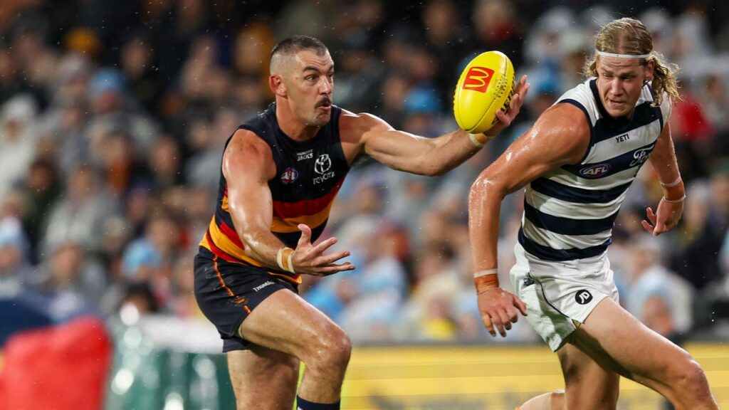 Geelong’s Sam De Koning battles against Adelaide veteran Taylor Walker last week.
