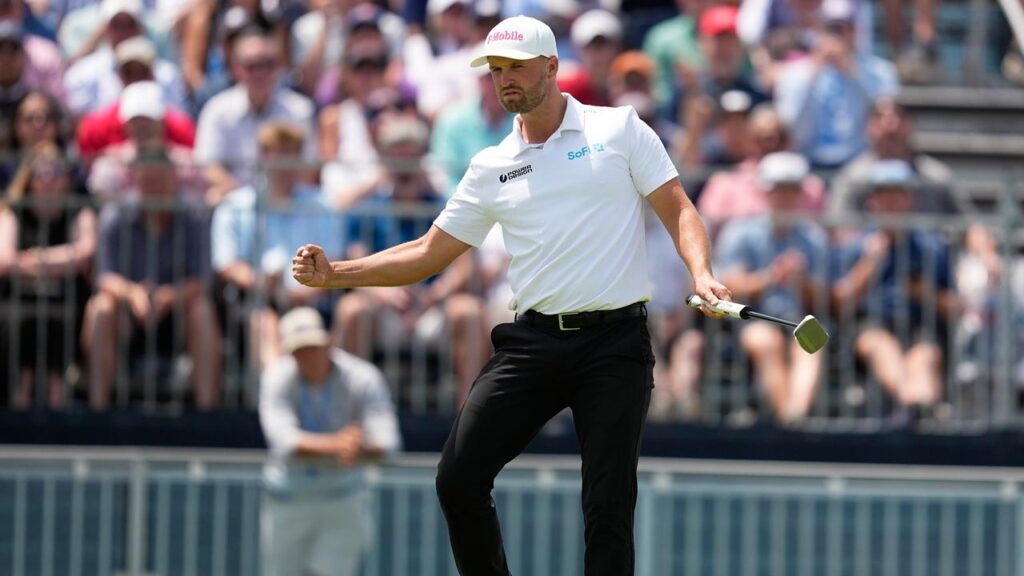 Wyndham Clark celebrates after a birdie on the 12th as he took a grip on proceedings at the US Open.
