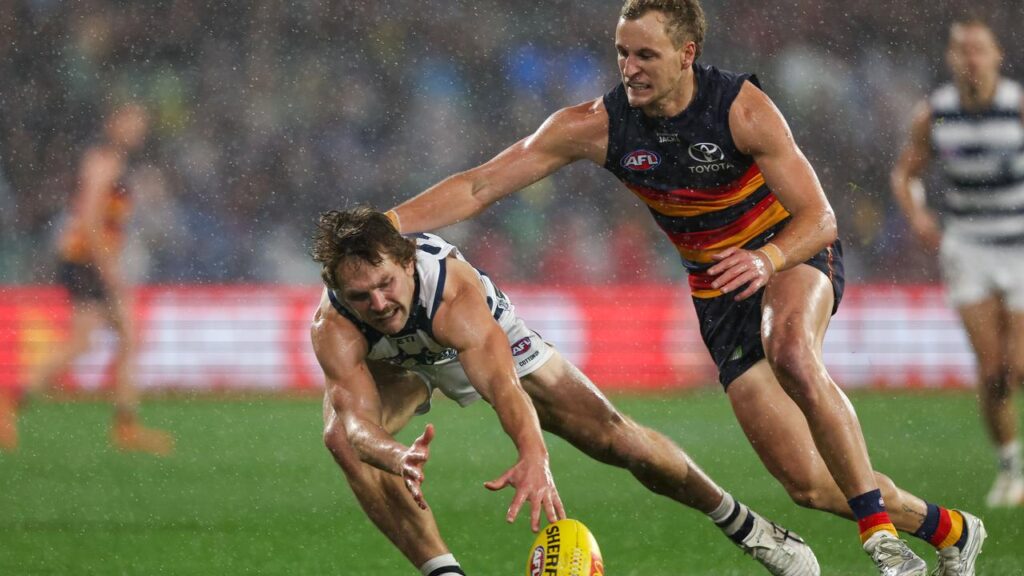 Skipper Jordan Dawson (r) was inspirational for Adelaide as they pipped Geelong in a thriller.
