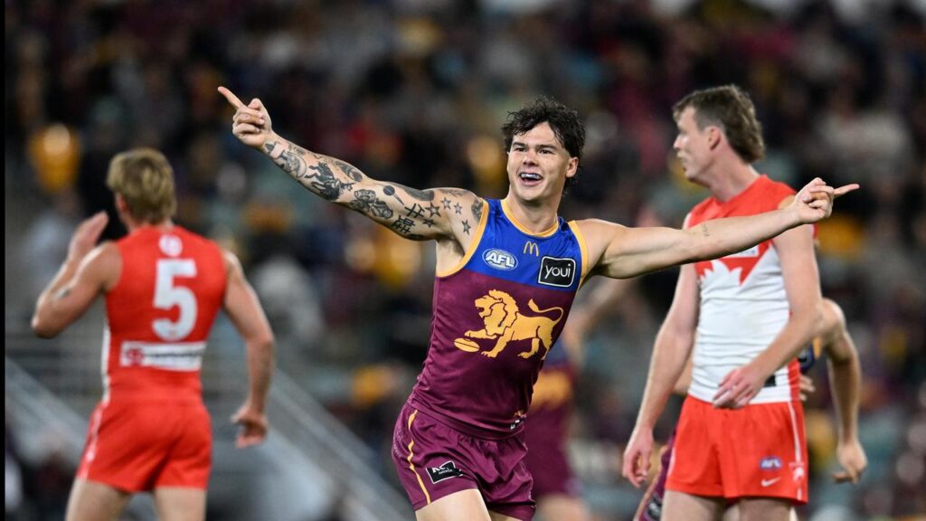 Cam Rayner has kicked three goals in an important win for Brisbane at home against Sydney.
