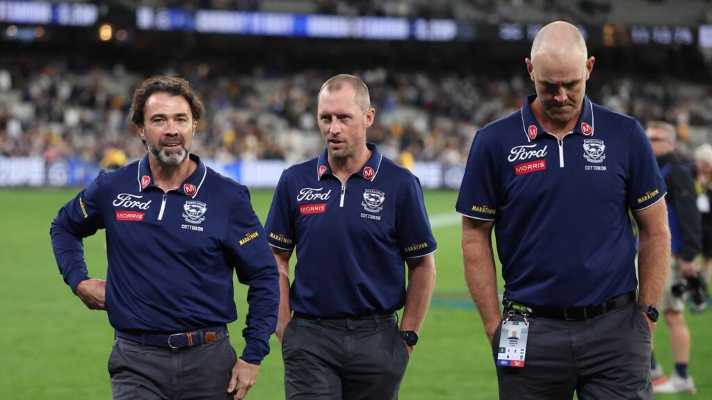 Chris Scott, James Kelly and Steven King after Geelong’s Easter Monday win over Hawthorn last year.
