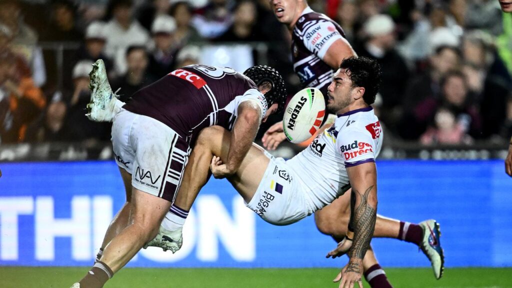 Storm’s Joe Chan (r) suffered back spasms after injuring himself against Manly Sea Eagles
