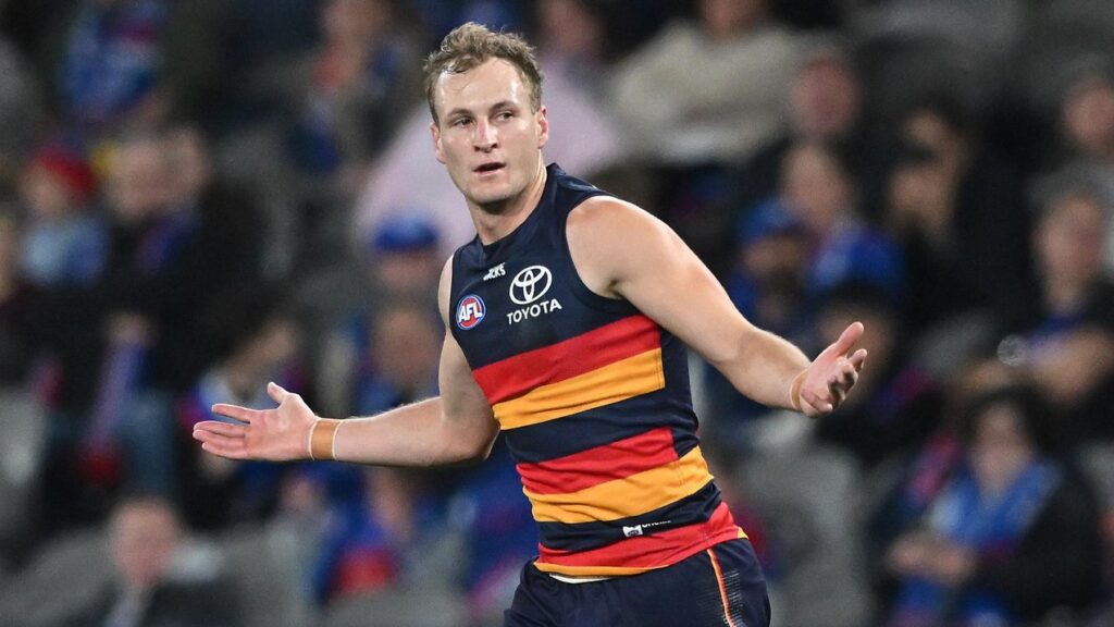 Skipper Jordan Dawson celebrates one of his three goals in Adelaide’s big win against the Bulldogs.
