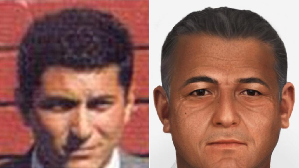 A photo of James Dalamangas alongside an aged-progressed image supplied by police in 2024.
