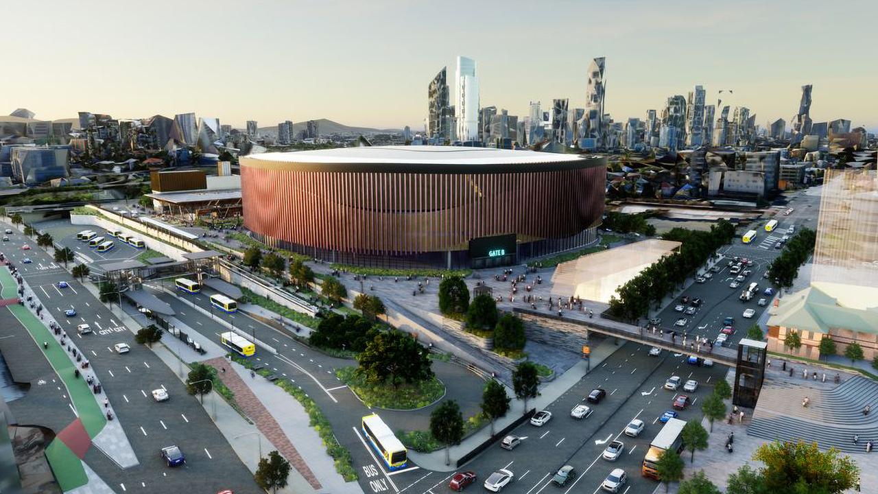 Render of Brisbane Arena with Brisbane city in background
