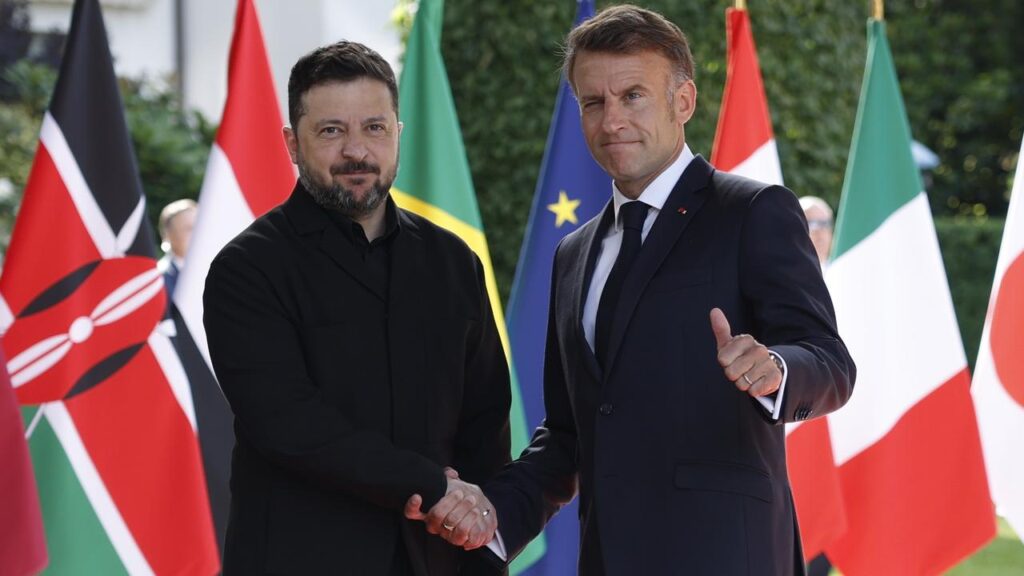 Volodymyr Zelenskiy was greeted by French President Emmanuel Macron for the start of the G7 summit.
