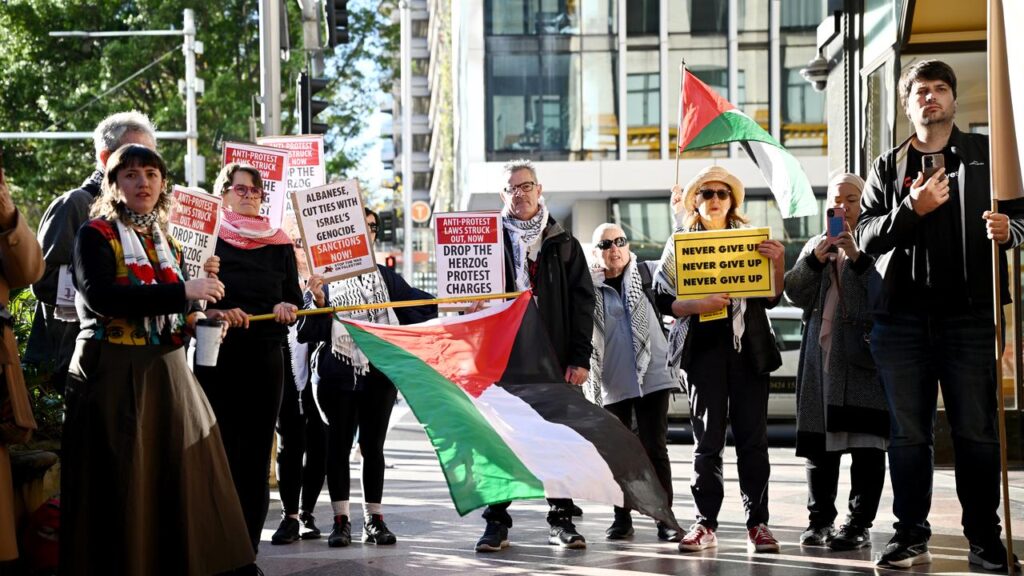 Pro-Palestine protesters have rallied outside court to call for remaining charges to be dropped.
