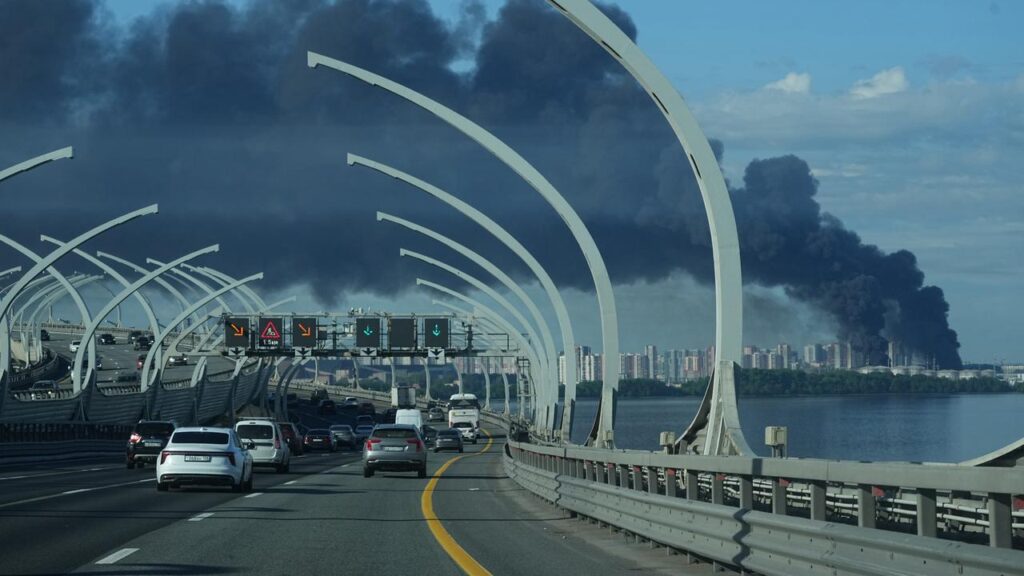 Ukrainian drones flew more than 1000km to hit an oil terminal at St Petersburg’s port.
