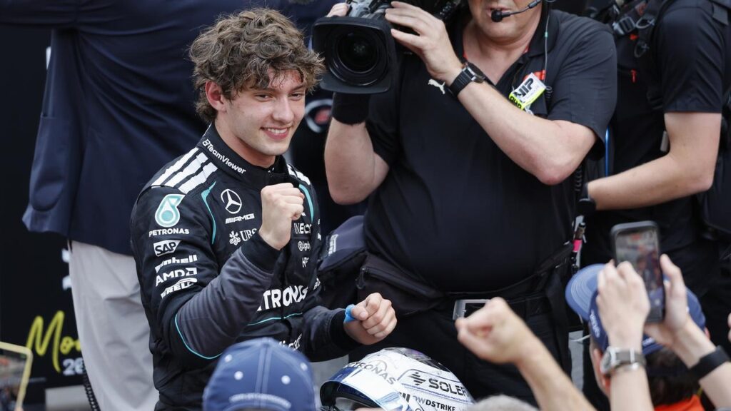 Mercedes ace Kimi Antonelli celebrates becoming the youngest winner of the Monaco Grand Prix.
