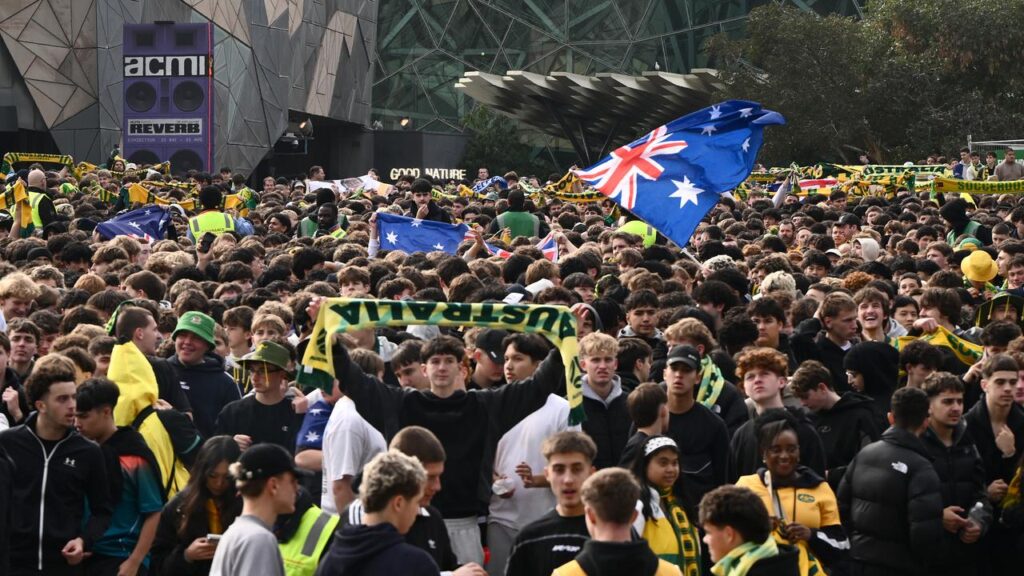Melbourne’s Federation Square was packed before Australia’s World Cup match against Paraguay.
