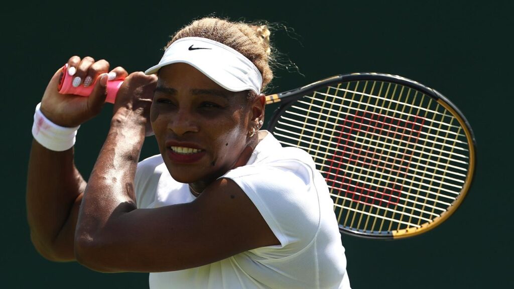 Wildcard Serena Williams in practice ahead of her eagerly awaited comeback at Wimbledon.
