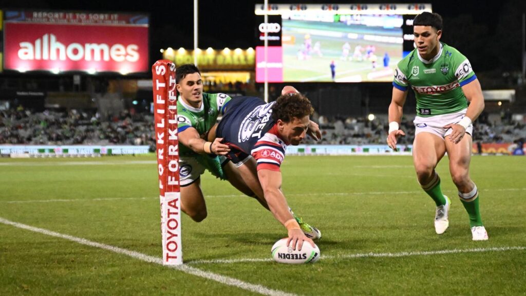 Mark Nawaqanitawase goes over for one of his spectacular scores for Sydney Roosters.
