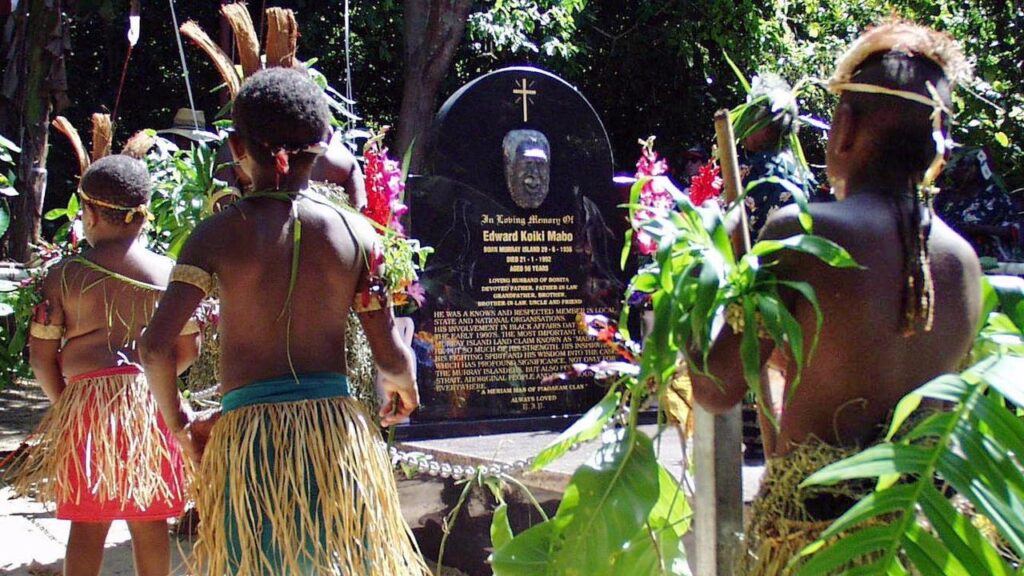 The High Court’s Mabo decision is marked at Eddie Mabo’s grave on Mer Island in 2002.
