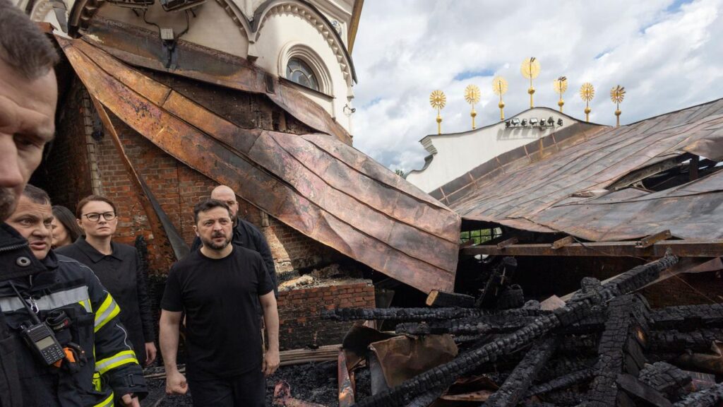 President Volodymyr Zelenskiy has looked at damage to the Pechersk Lavra monastery complex in Kyiv.
